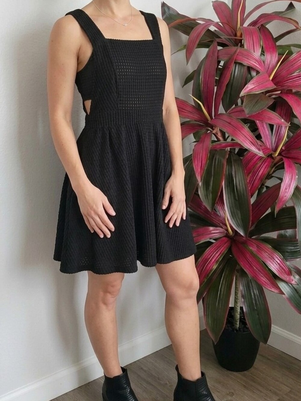 SHEIN Black Waffle Textured Open Knit Cross Back Mini Dress Size S